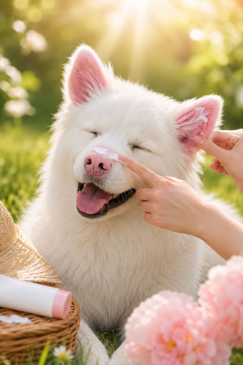 Professional portrait/Pinterest format () hero image showing an adorable fluffy white dog with pink nose and ears sitting