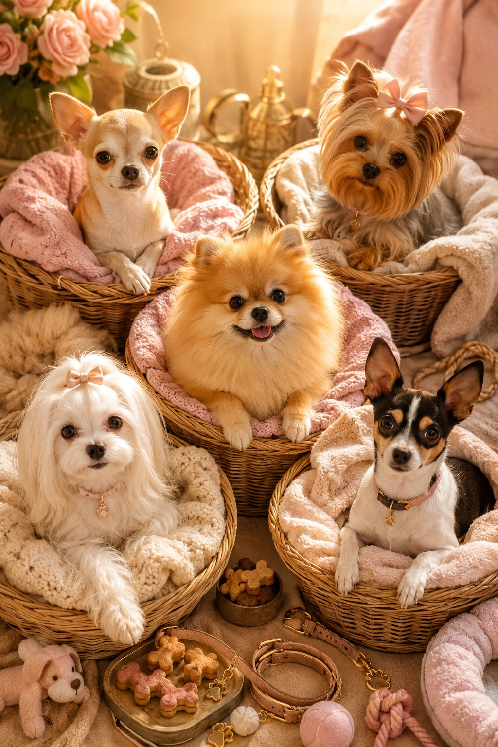 Professional portrait/Pinterest format () hero image featuring a charming flat lay arrangement of five tiny dog breeds under