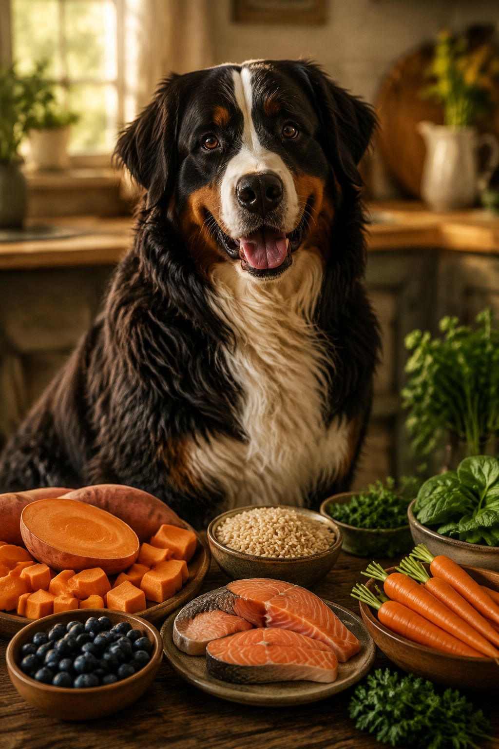 Professional portrait/Pinterest format () hero image of a majestic Bernese Mountain Dog sitting beside a beautifully