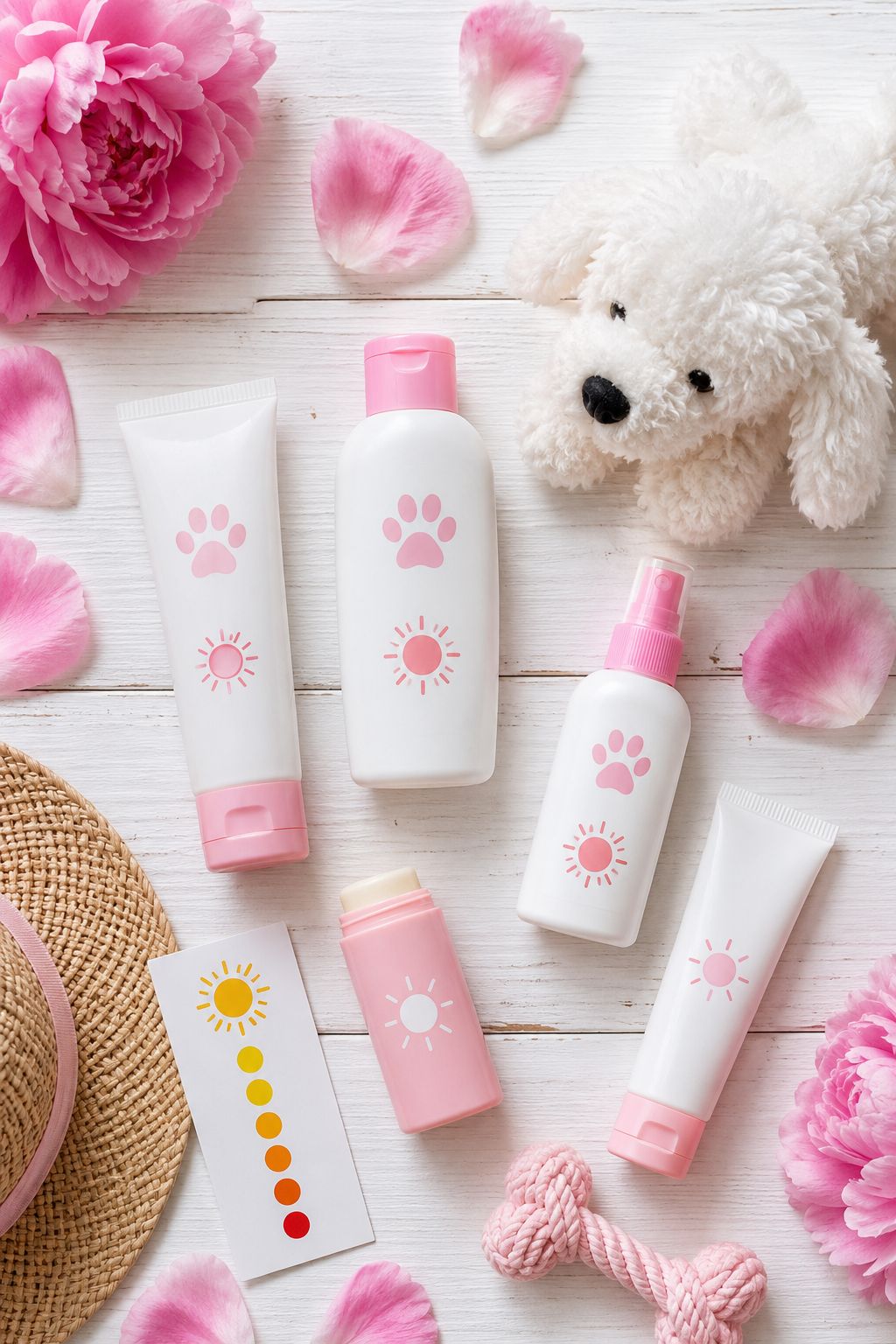 Portrait/Pinterest format () showing a close-up flat-lay arrangement on a white wooden surface featuring dog-safe sunscreen