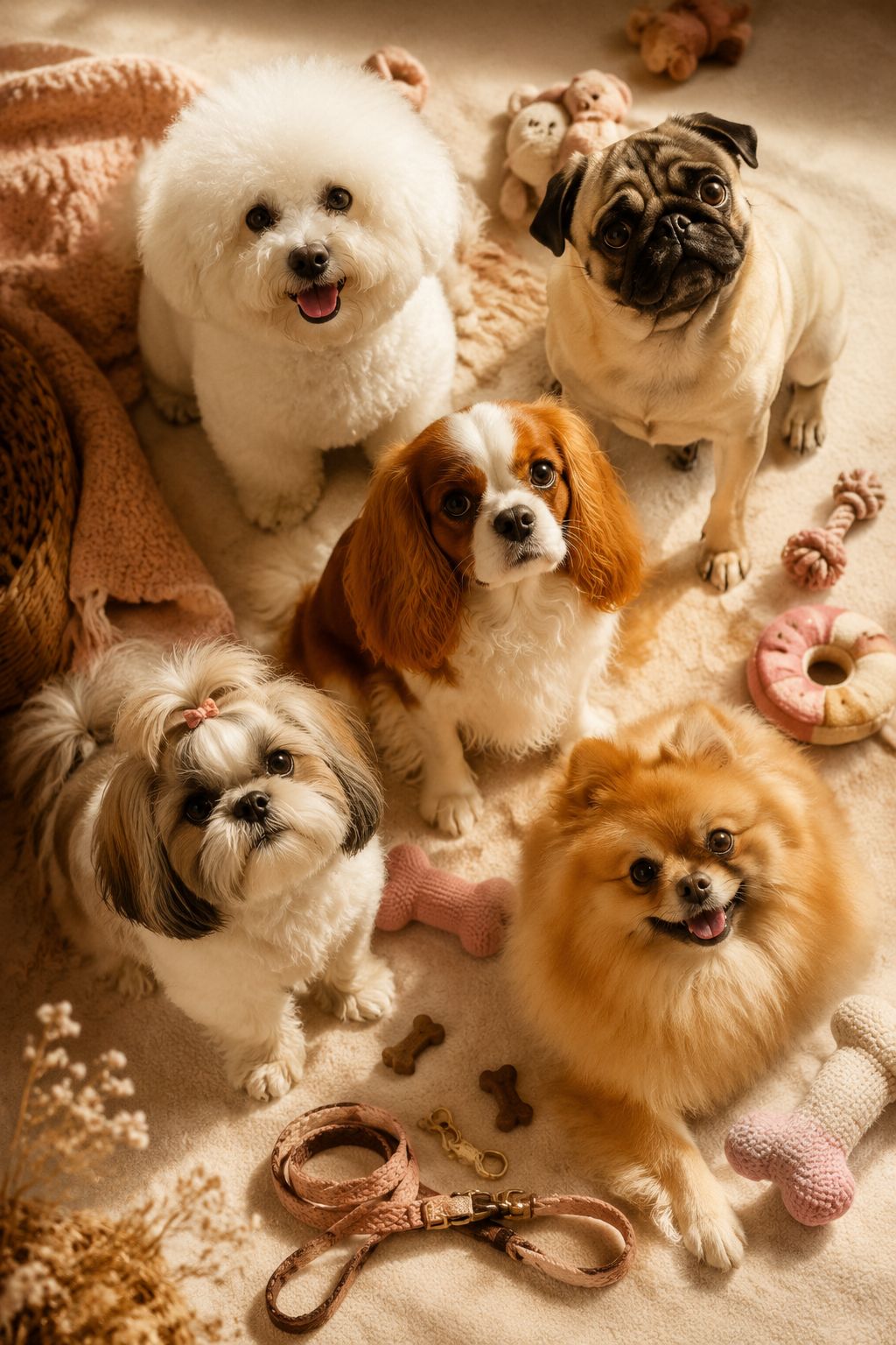 Professional portrait/Pinterest format () hero image showing a charming flat-lay composition of five different small dog
