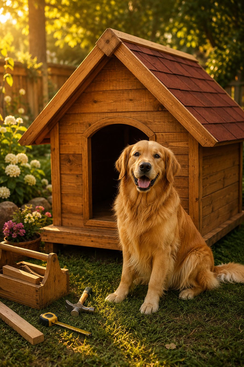 Professional portrait/Pinterest format () hero image showing a charming handcrafted wooden dog house in a sunny backyard