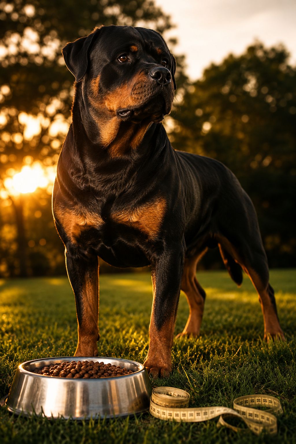 Professional portrait/Pinterest format () hero image showing a healthy, muscular Rottweiler standing on a green lawn in