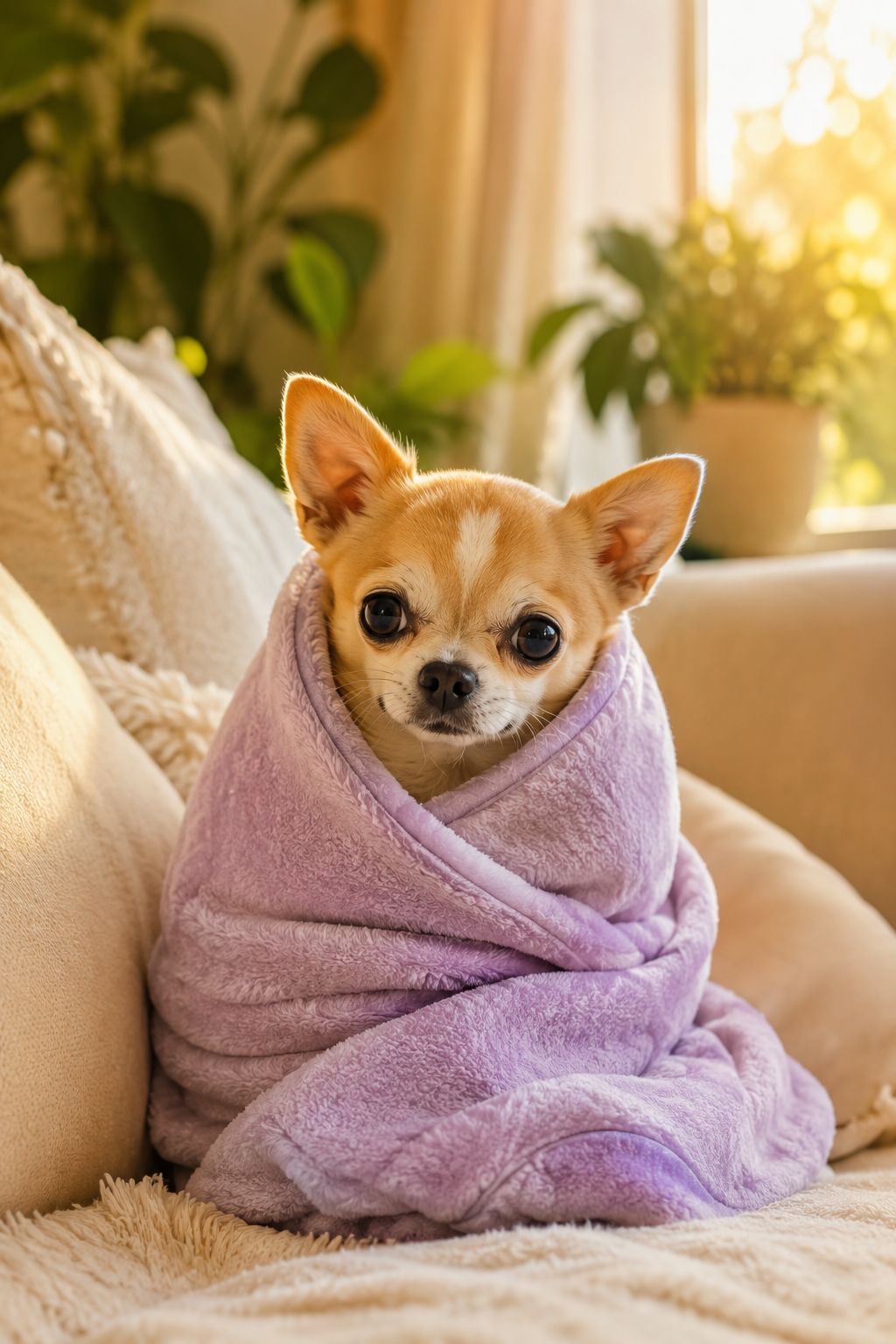 Professional portrait/Pinterest format () hero image showing an adorable tiny tan and white Chihuahua with wide expressive