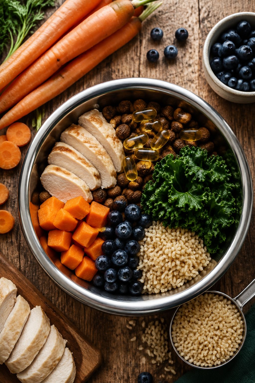 Portrait/Pinterest format () close-up overhead flat-lay of a Bernese Mountain Dog's meal prep scene: stainless steel dog