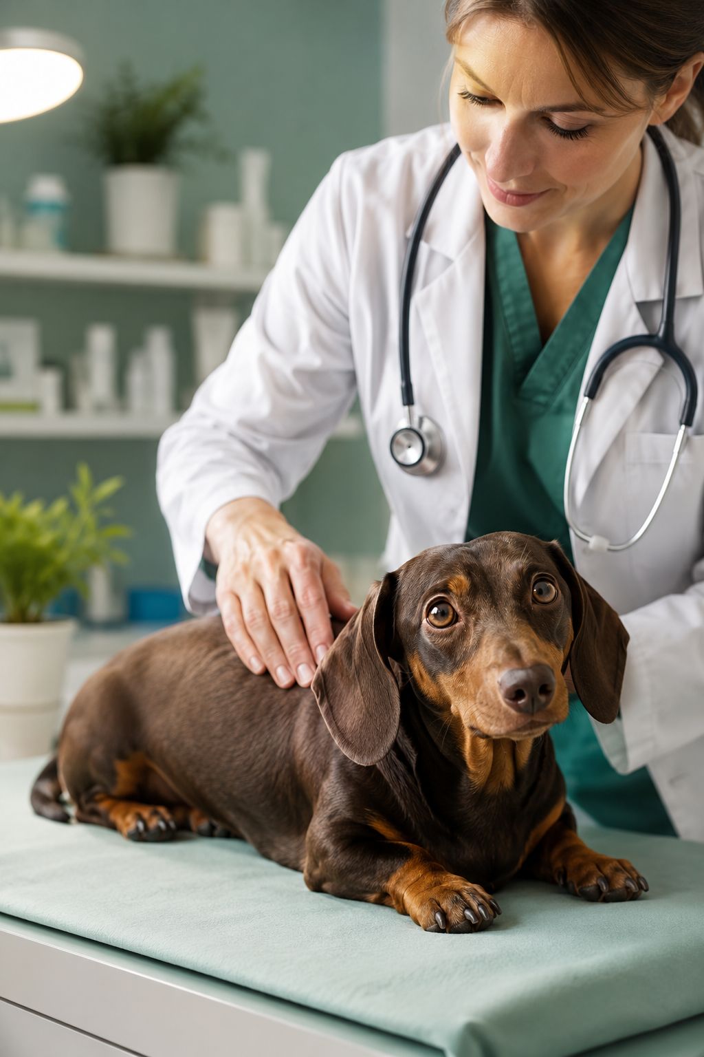 Professional portrait/Pinterest format () hero image showing an adorable dachshund dog lying on a veterinary examination