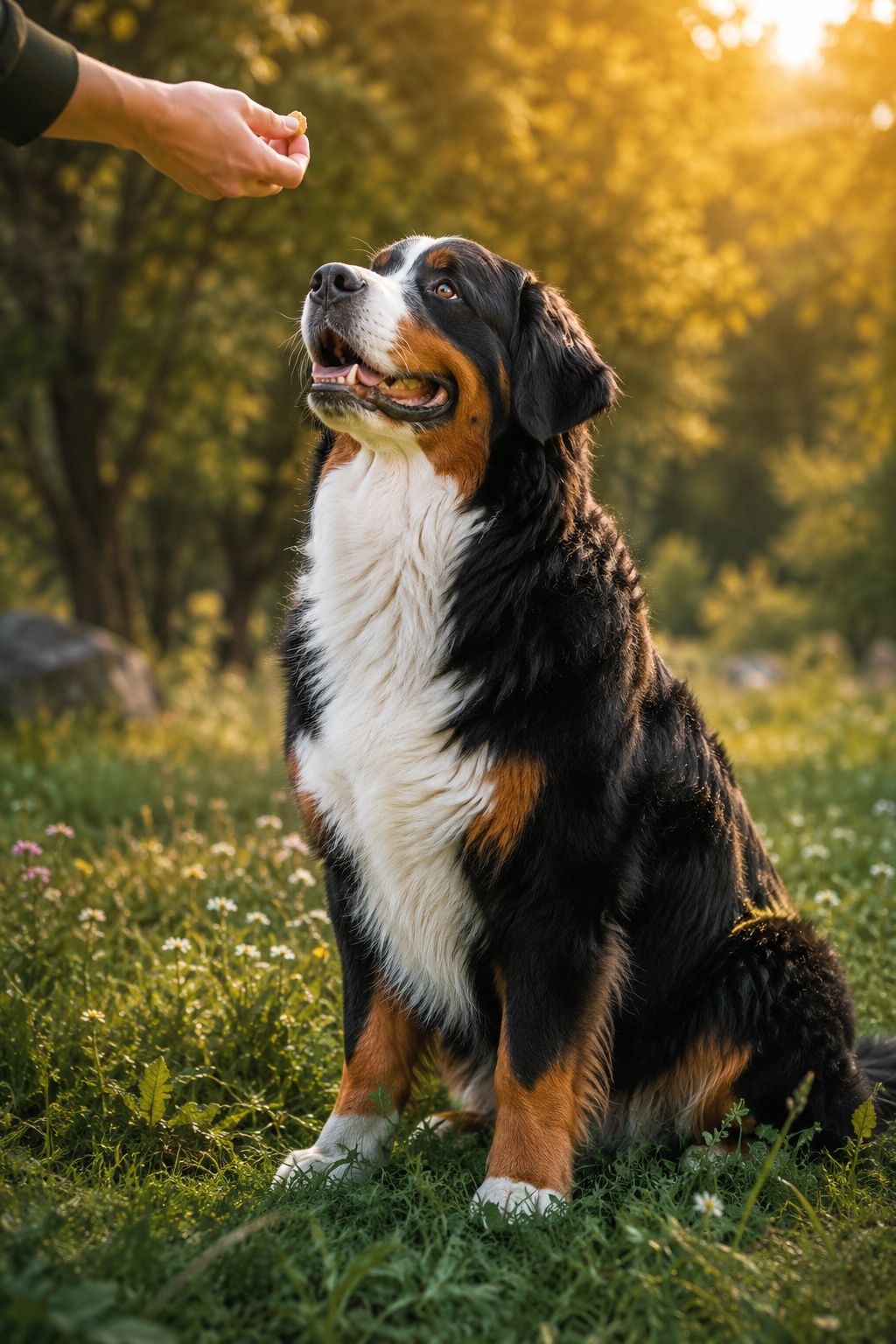 Professional portrait/Pinterest format () hero image of a large, fluffy Bernese Mountain Dog sitting attentively outdoors in