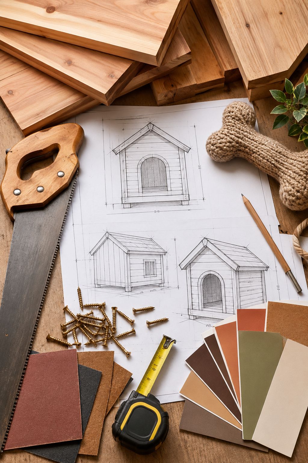Portrait/Pinterest format () showing a flat lay overhead view of a workbench covered with DIY dog house building materials