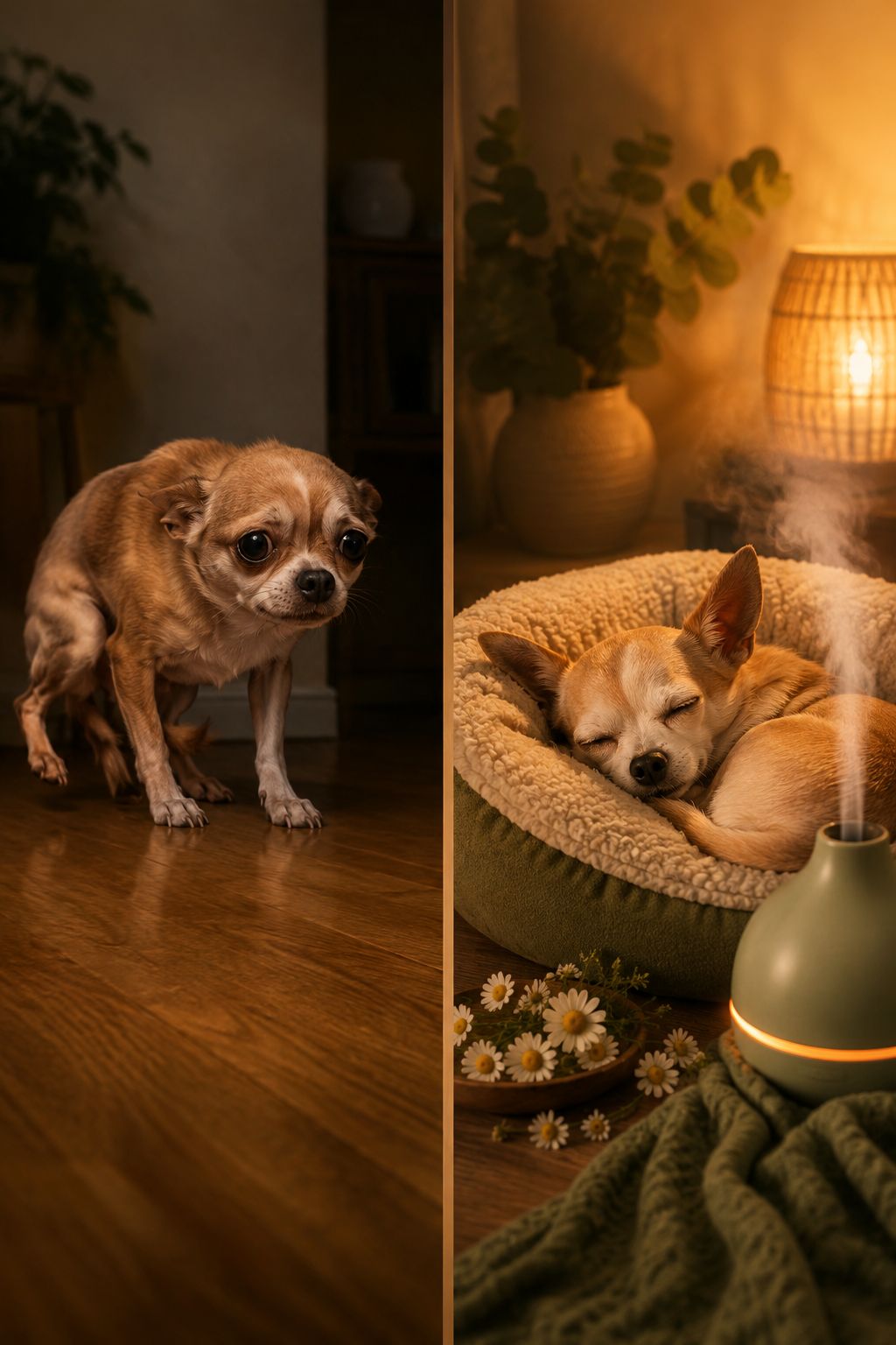 Portrait/Pinterest format () showing a split-scene composition: on the left, a small trembling Chihuahua with ears pinned