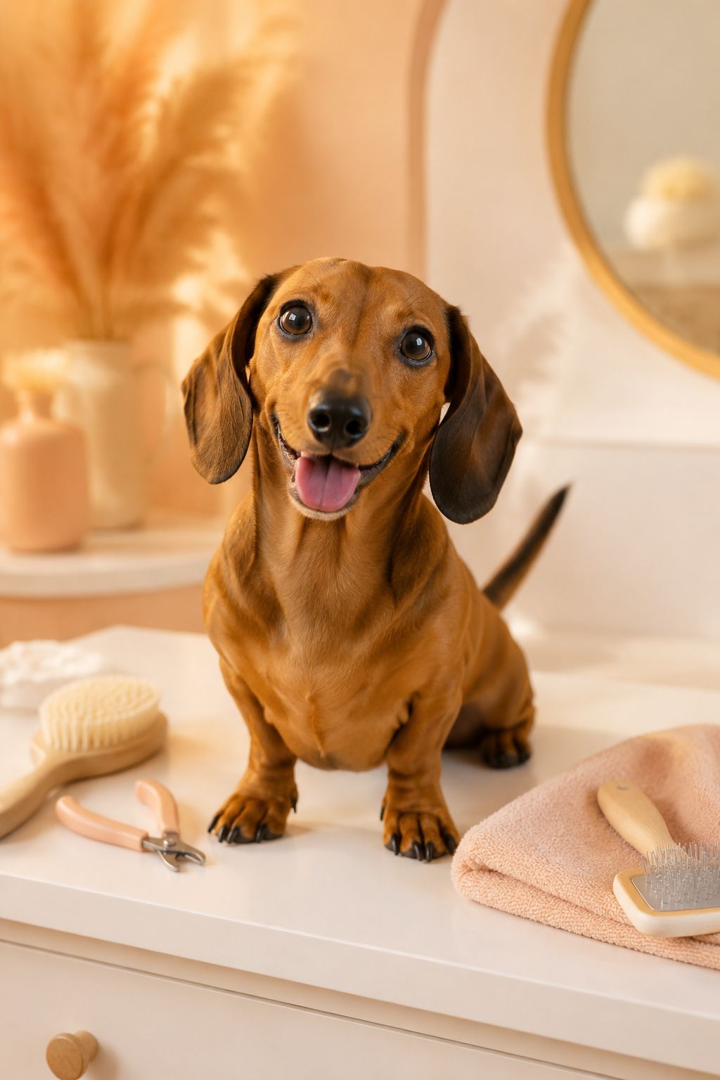 Professional portrait/Pinterest format () hero image showing an adorable smooth-coated dachshund with tiny short legs