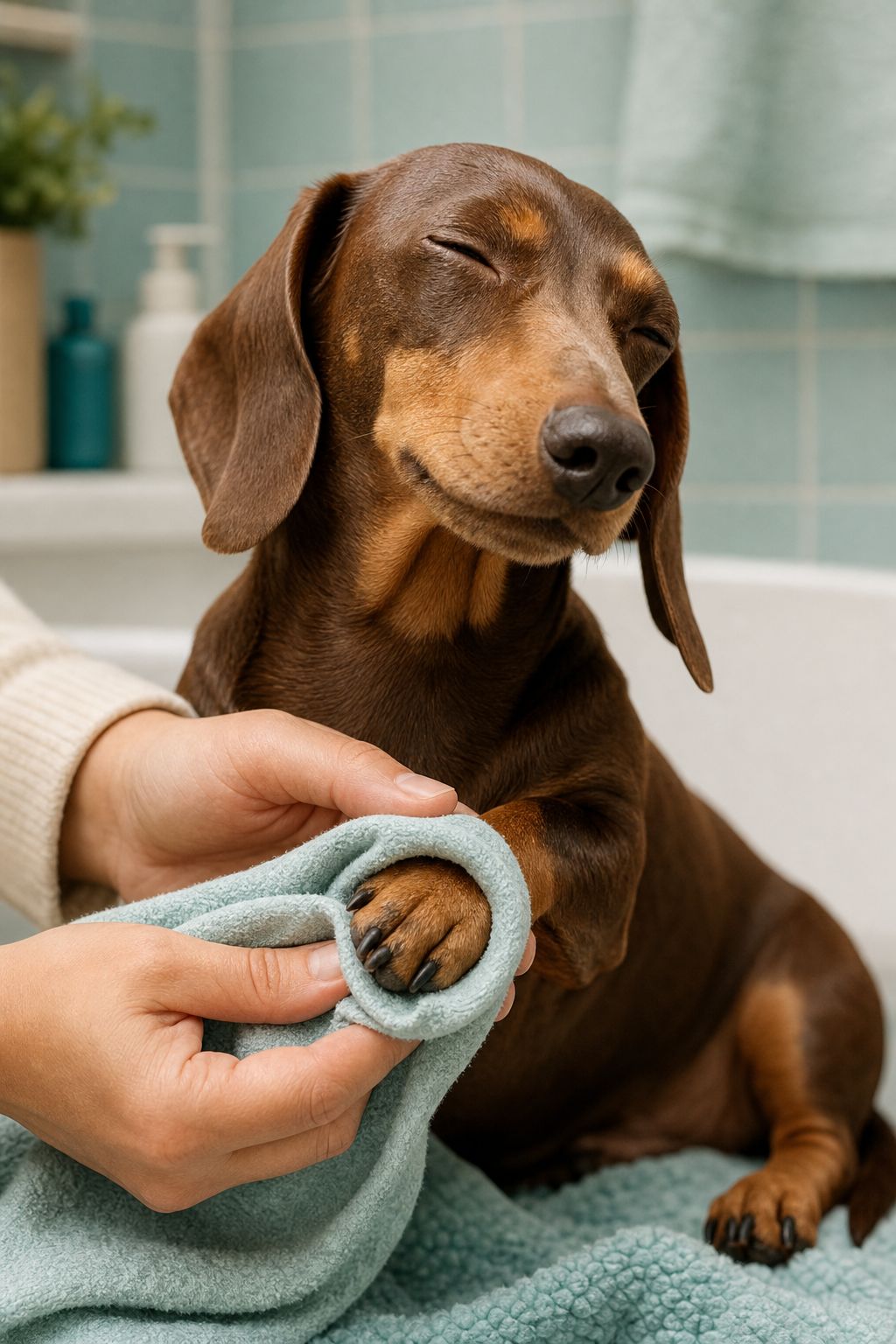 Close-up portrait/Pinterest format () showing a dachshund's short stubby legs being gently cleaned with a warm damp cloth by
