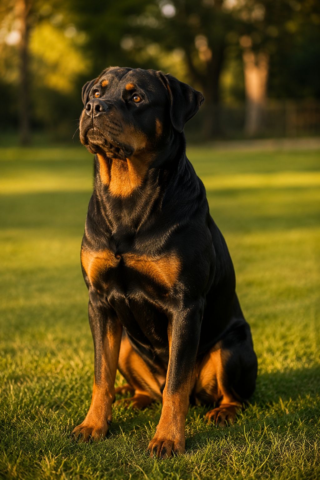 Professional portrait/Pinterest format () hero image showing a powerful, well-groomed Rottweiler sitting in a perfect 'sit'