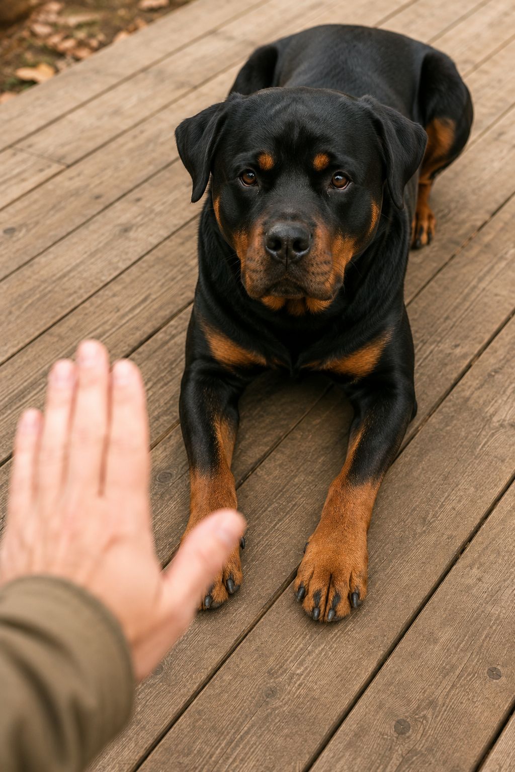 Portrait/Pinterest format () image showing a close-up overhead angle of a Rottweiler performing a 'down-stay' command on a