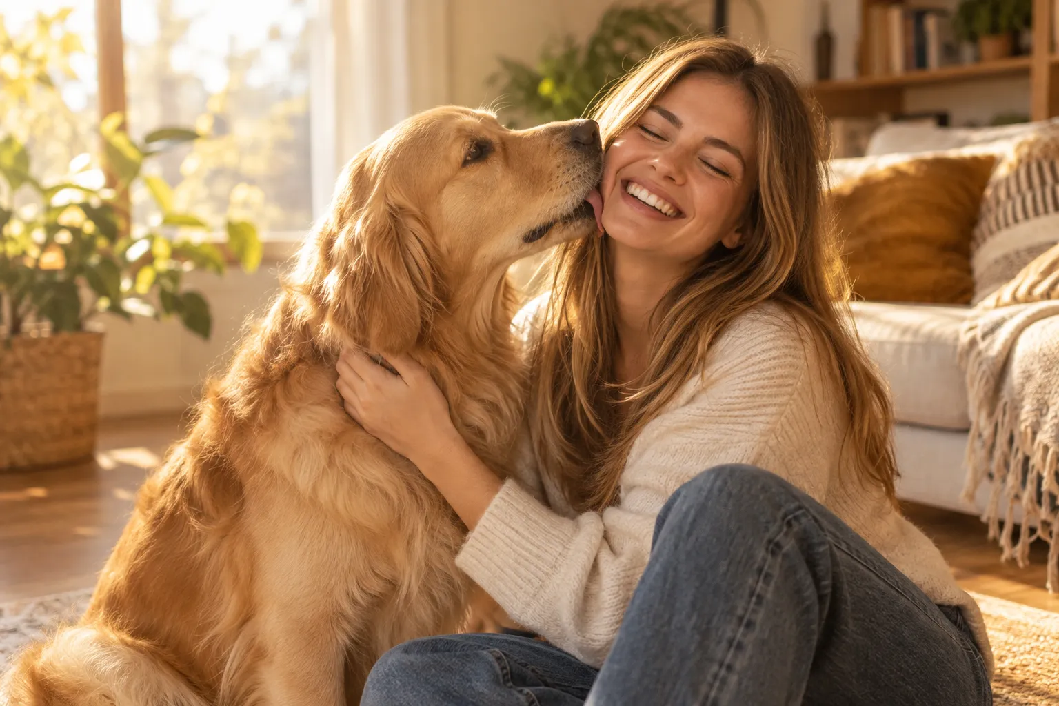 Editorial landscape photograph (), golden-hour natural light streaming through a living room window, a golden retriever