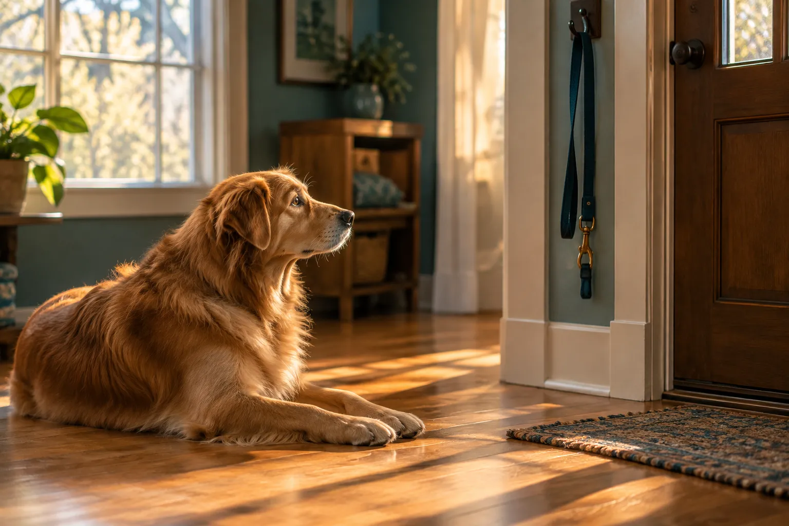 Editorial landscape photograph () of a golden retriever mix lying alone on a hardwood floor beside a sunlit window, soft