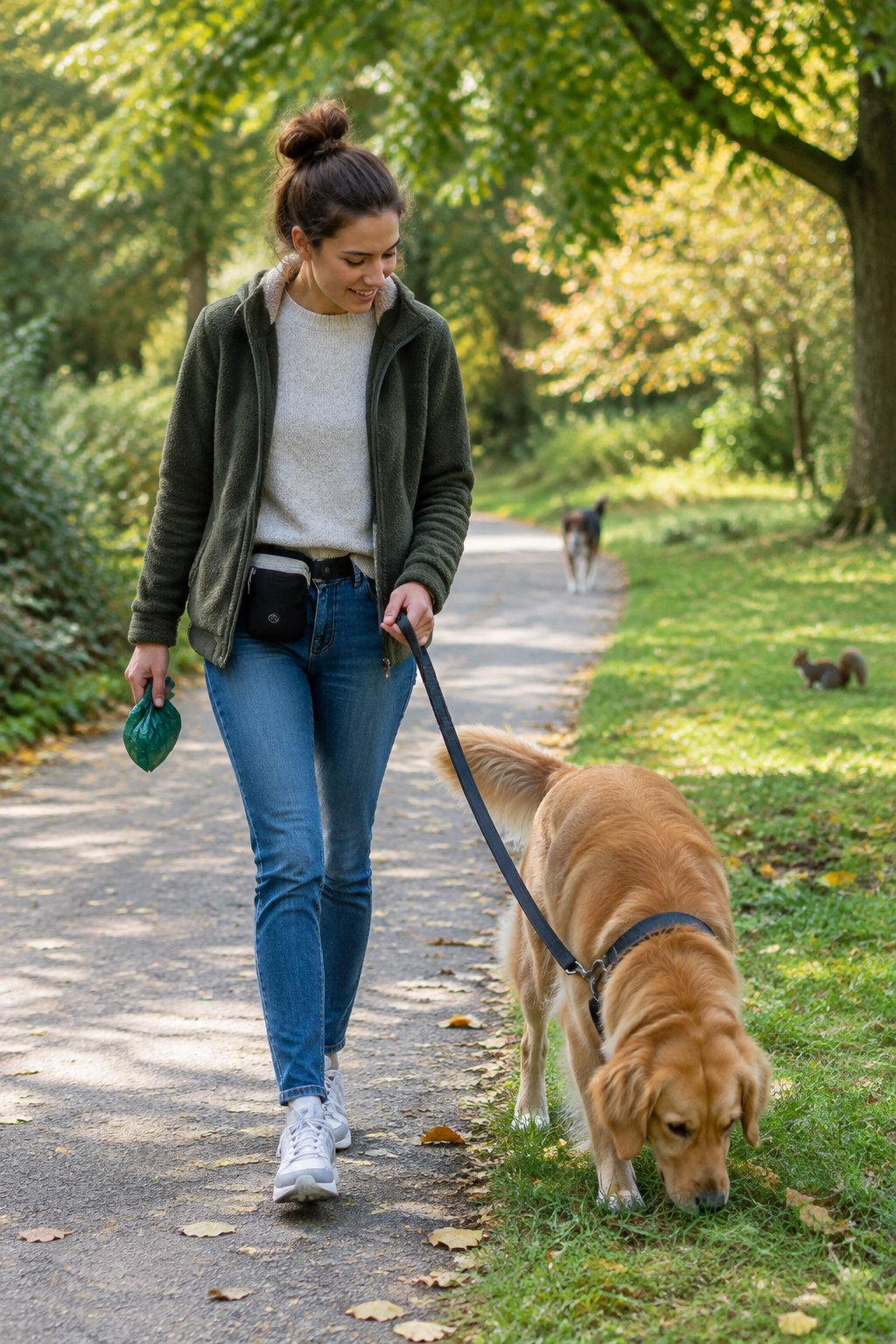 A person walks a dog on a leafy neighborhood path.