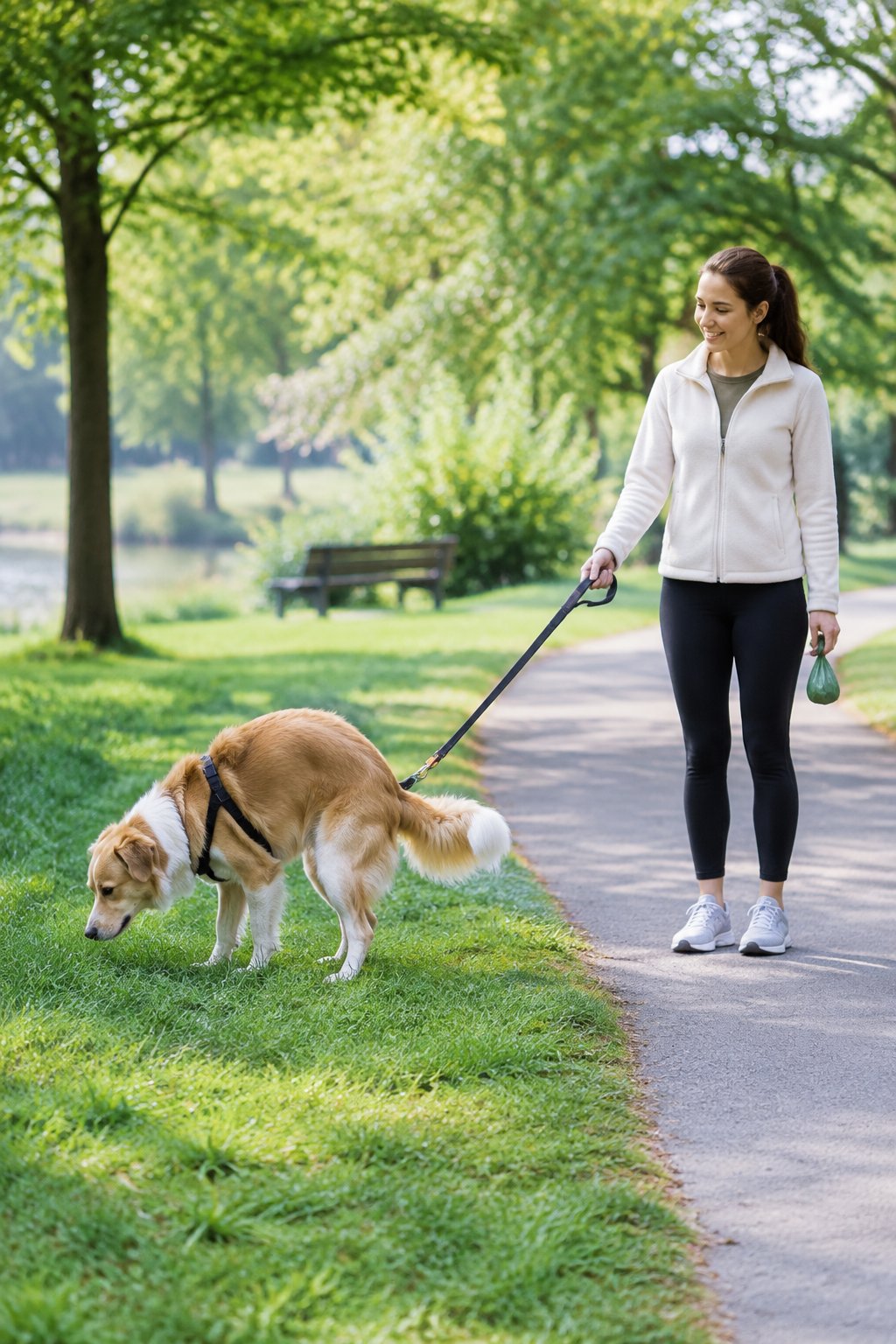 A dog sniffs a grassy patch while its owner waits nearby with a leash and waste bag.