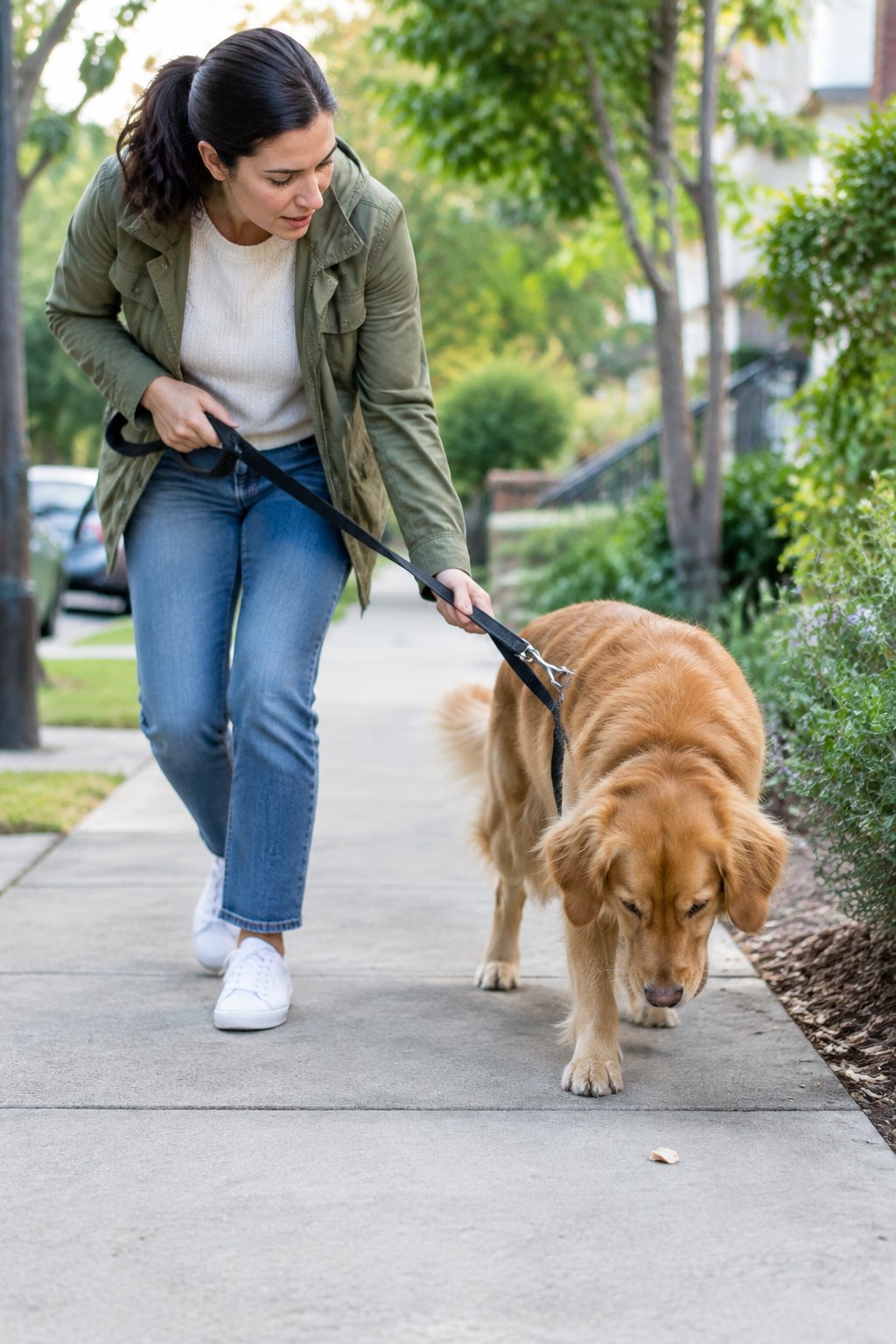 A dog owner gently guides a curious dog away from a small object on the sidewalk.